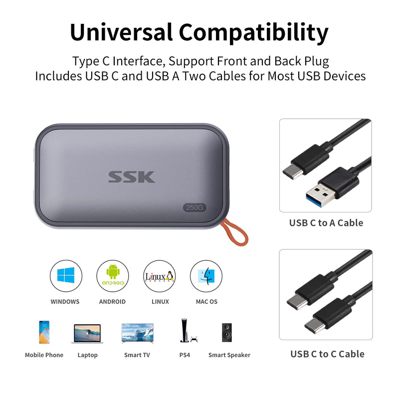 SSK Portable SSD 250GB External Solid State Hard Drive USB C Up to 1050MB/s | USB3.2 Gen2 A&C Cable, SMART & TRIM, 4KHDR ProRes, LED Light, OTG, iPhone 15/16/17Pro Wide Compatible, Aluminum