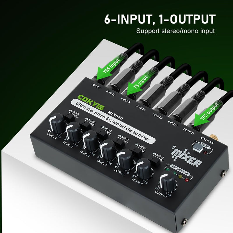 [AUSTRALIA] - Mini Audio Mixer, 6-Channel Stereo Line Mixer for Precision Sub-Mixing, with Ultra Low-Noise Operation, Independent Microphone Control, 1/4" TRS Input/Output-for Guitars, Bass, Stage Mixer 