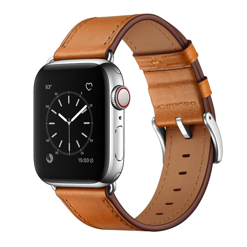 OUHENG Compatible with Apple Watch Band 42mm(Series 10) 41mm 40mm 38mm, Genuine Leather Band Replacement Strap Compatible with Apple Watch (Black/Black+Brown/Silver)