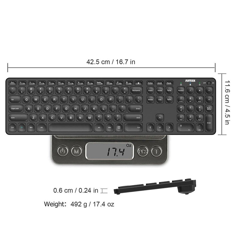 Arteck 2.4G Wireless Keyboard Ultra Slim Full Size Keyboard with Numeric Keypad and Media Hotkey for Computer/Desktop/PC/Laptop/Surface/Smart TV and Windows 10/8/ 7 Built-in Rechargeable Battery