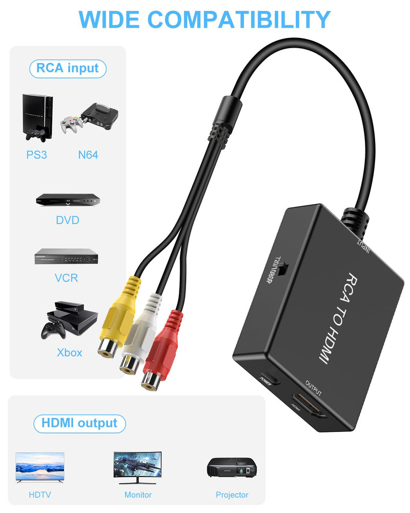 RCA to HDMI Adapter Converter, AV to HDMI Converter with HDMI Cable Supports PAL/NTSC for PS2/VHS/VCR/Blue-Ray DVD ect.