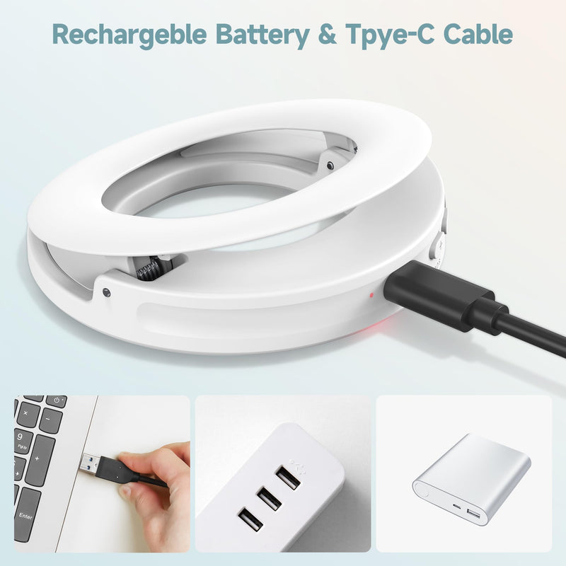 Clip on Ring Light, Rechargeable Selfie Fill Light, Portable Selfie Ring Light with 3 Adjustable Light Modes, Video Conference Light for iPhone, Laptop, iPad, Zoom Meeting, Make up, Video