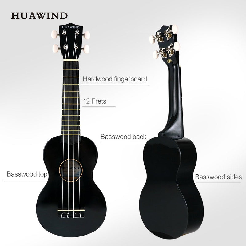 21 Inch Soprano Ukulele for Beginners, Hawaiian Ukulele Four String Wood Ukelele Professional Ukalelee For Adult Student Starter (Black) Black Ukulele
