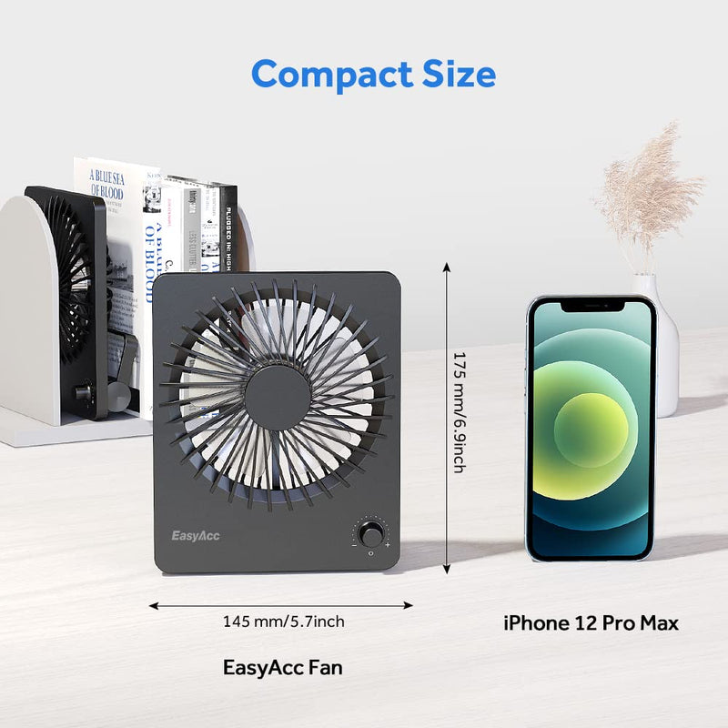 Portable Desktop Battery Operated Fan, EasyAcc 6-Inch Personal Small Desk Fan, [Quiet Step-less Speed Control Fan] 160°Tilt Foldable Hanging Standing Cooling Fan for Travel Office Home Outdoor Black