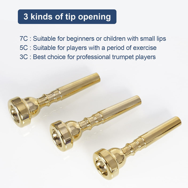 Gold Trumpet Mouthpiece 7C 5C 3C Trumpet Mouthpiece Set with Brass for Beginners and Professional Players 3Pack Trumpet Accessories