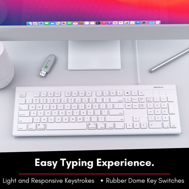 Macally Full Size USB Wired Keyboard for Mac and PC - Plug & Play Wired Computer Keyboard - Compatible Apple Keyboard with 15 Shortcut Keys for Easy Controls & Navigation - White Wired USB