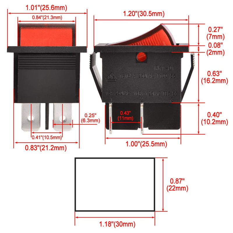 Rocker Switch ON-Off DPST 4 Terminals Red Light 16A 250VAC 2Pack 2