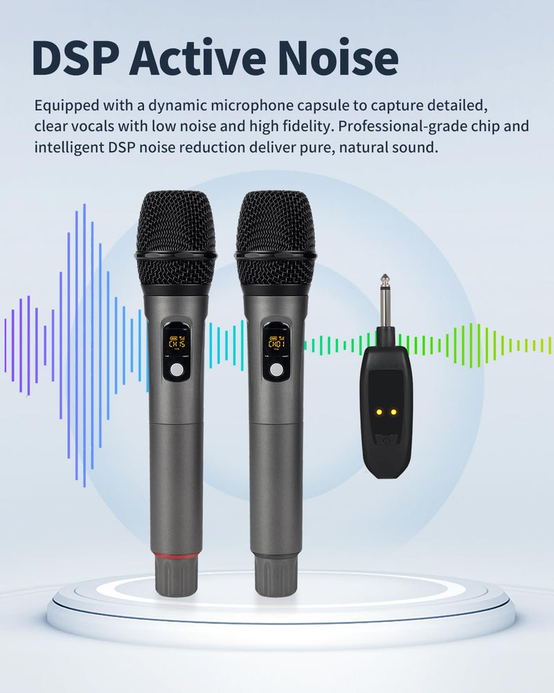 Wireless Microphone System, Dual Cordless Mics with 2.4GHz Signal, Rechargeable Plug & Play Dynamic Microphones for Karaoke, Church, Wedding, Speech, 250ft Range