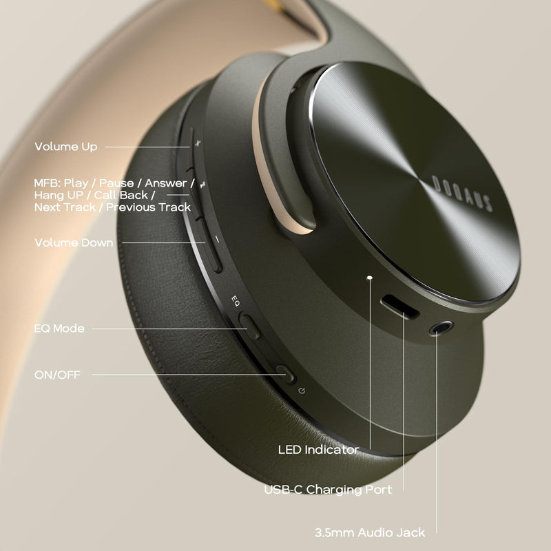 DOQAUS Bluetooth Headphones Over Ear, 90H Playtime, 3EQ Mode, with ENC Mic | Hifi Stereo Sound, Lightweight, Headphones Wireless with Soft Memory Foam Earpads, Deep Bass for Home Office Cellphone PC Green