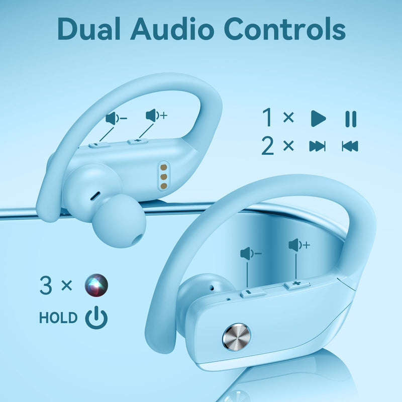 2 Sets Wireless Earbuds Bluetooth Headphones 48hrs Play Back Sport Earphones with LED Display Over-Ear Buds with Earhooks Built-in Mic Headset for Workout Black + Sky Blue