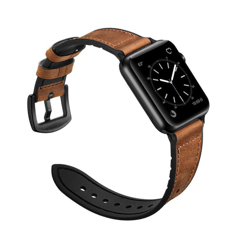 OUHENG Compatible with Apple Watch Band Sweatproof Genuine Leather and Rubber Hybrid Band 41mm 40mm 38mm Brown & Light Brown