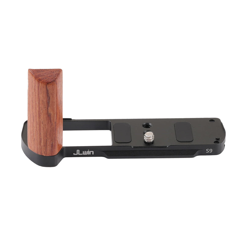 FocusFoto L-Shaped Wooden Handle Grip Quick Release Plate for Panasonic Lumix S9 Camera - Retro-Styled Handgrip, Arca Swiss Compatible Tripod Mount, Aluminum Alloy Baseplate (Black) Black Plate