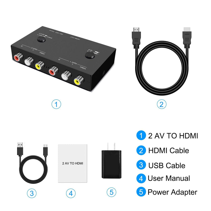 2 Port AV to HDMI Converter, Dual RCAto HDMI Adapter, Composite to HDMI Adapter Support 16:9/4:3 Compatible with WII/N64/PS1/PS2/PS3/VHS/VCR/DVD Players etc(2 AV in 1 HDMI Out) 2Port AV to HDMI Converter