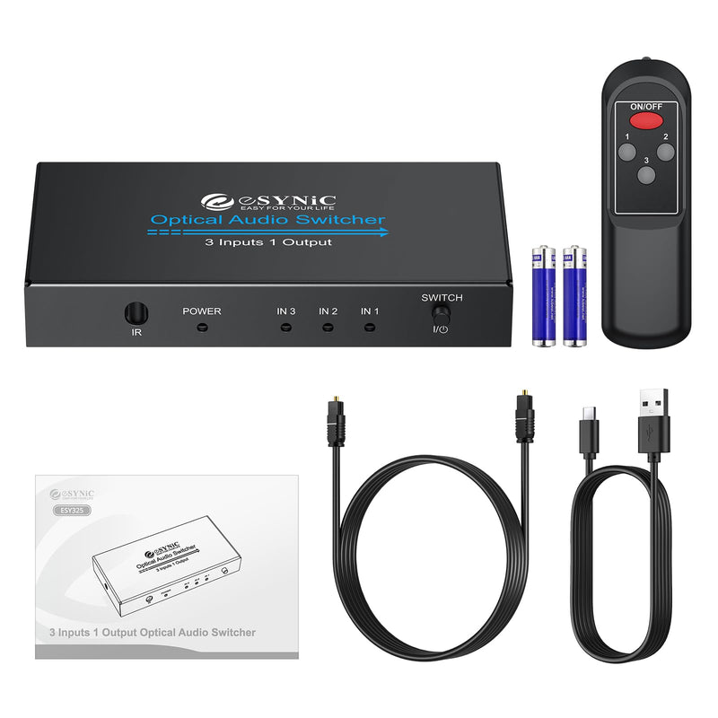 eSynic Portable Digital Optical Audio Switcher 3 In1 Out SPDIF Switcher Aluminum Alloy TOSLINK Audio Switch with 3.28ft Optical Cable Support IR Remote Control from PS4 Blue-Ray DVD HDTV to Soundbar