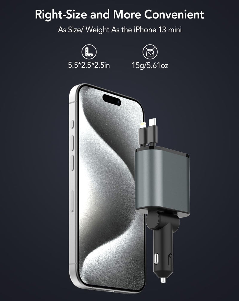 Retractable Car Charger, 4 in1 Fast Car Phone Charger 120W, 2.7Ft Retractable Cables and 4 Electronic Ports, Car Charger Compatible for iOS & Android Cell Phones All Device Charging