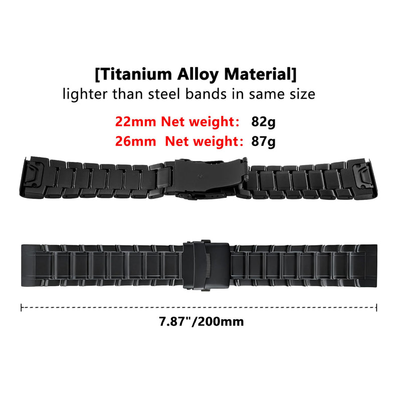 Abanen Titanium Watch Band with Flip-Lock Folding Clasp for Garmin Fenix 8 / Tactix 8 / epix Pro/Enduro, 22mm 26mm QuickFit Wrist Stap for Fenix 7/6/5, Quatix, Tactix Black