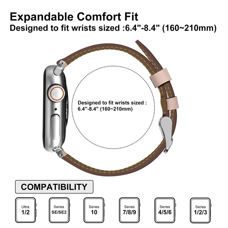 2 Pack Leather Band(Pink,Brown) Compatible with Apple Watch Bands for Women Men 49/46/45/44/42/41/40/38mm, Soft Leather Replacement Strap for iWatch Ultra SE Series 10 9 8 7 6 5 4 3 2 1