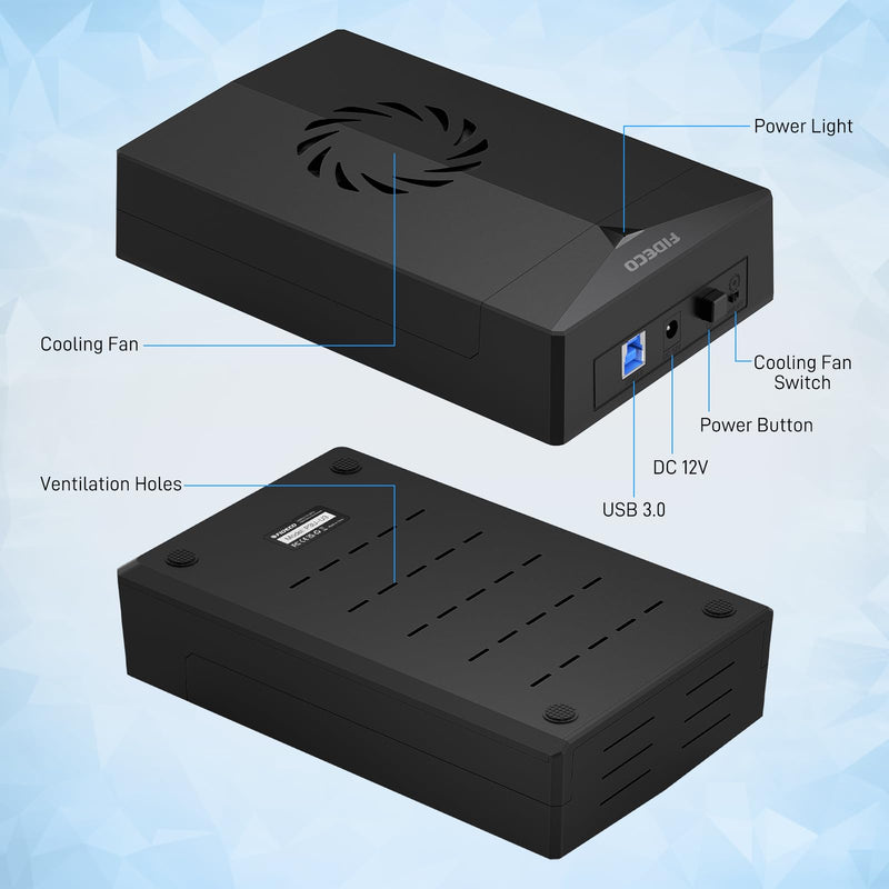 FIDECO Hard Drive Enclosure, USB 3.0 to SATA Hard Drive Docking Station for 3.5 or 2.5 inch SATA HDD SSD with Cooling Fan, 12V Power Adapter Included, Support UASP Dark Black