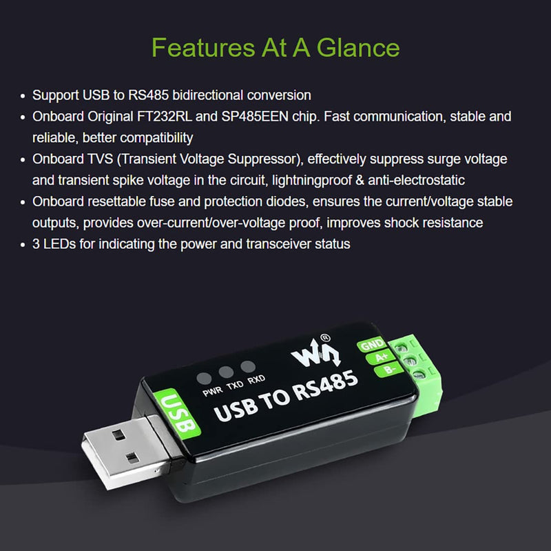 Waveshare Industrial USB to RS485 Converter with Original FT232RL and SP485EEN Embedded Protection Circuits for Industrial Control Equipments and/or Applications with High Communication Requirement