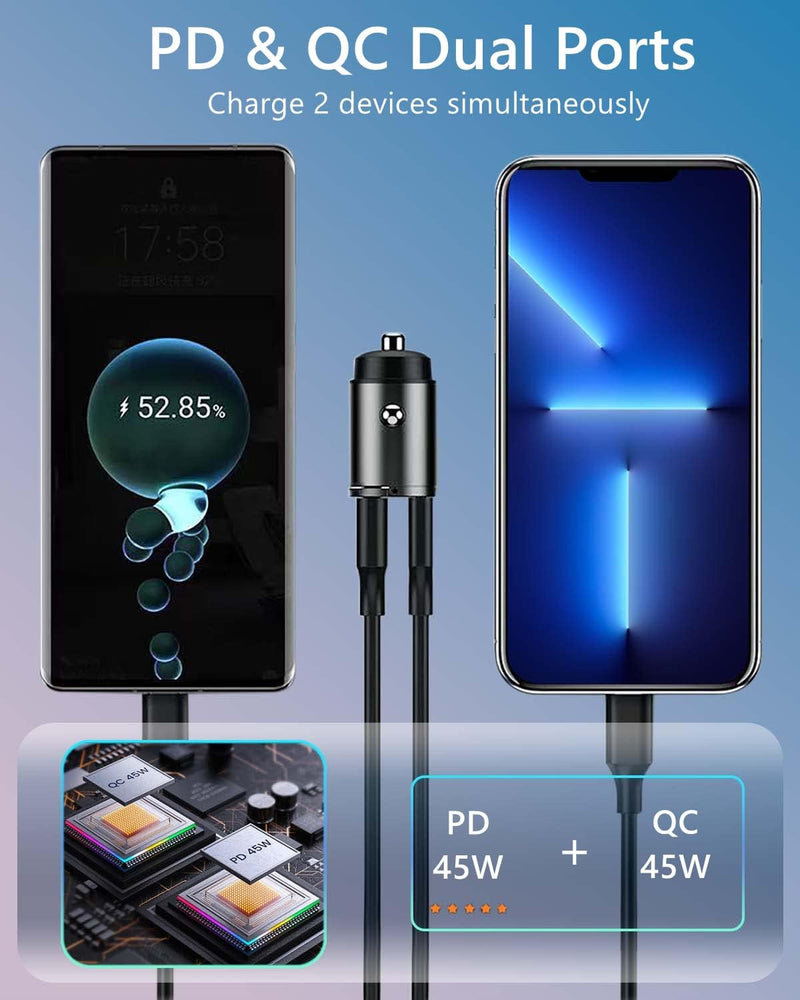 MRGLAS 90W USB C Car Charger Fast Charging,[Smallest Metal] Car Charger USB C PD45W+QC3.0 Dual Port Cigarette Lighter USB C Charger Car Charger Adapter for iPhone 15 Pro Max Plus 14 13 iPad Samsung Black