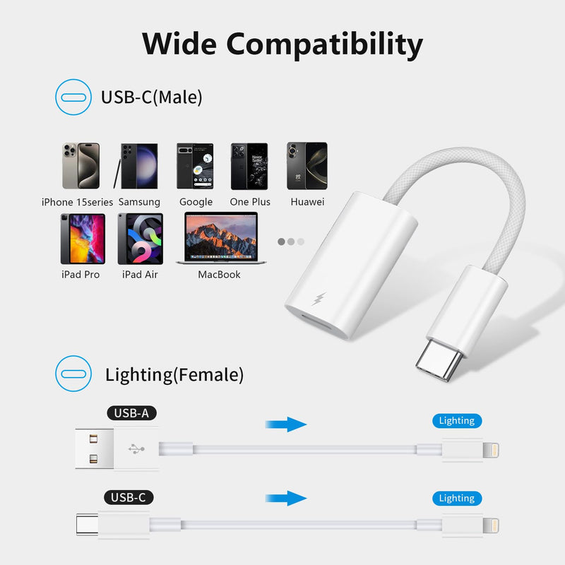 [AUSTRALIA] - Lightning to USB C Adapter, USB C Male to Lightning Female 60W PD Fast Charging Adapter for iPhone 16/16 Pro/15/15Pro/15+, iPad Pro/iPad Air 5/4, MacBook/Samsung and More Type C Devices -Only Charge White 