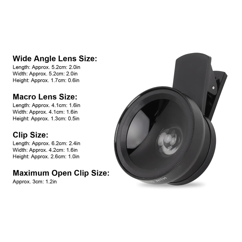 Generic 2 in 1 Phone Lens, 0.45X Wide Angle and 12.5X Macro Lens with Universal, for Most Smartphones and Tablets (Black) Black