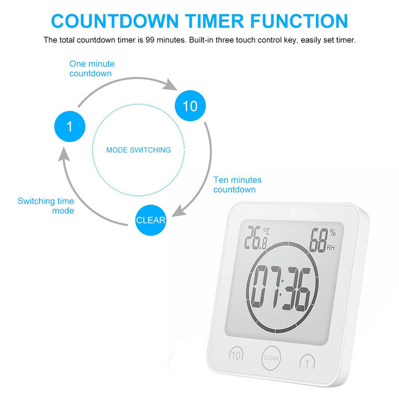 AOZBZ Shower Wall Clock, Digital Kitchen Timer with Alarm, Waterproof Touch Screen Timer, Temperature Humidity Display with Suction Cup Hanging Hole (White) White