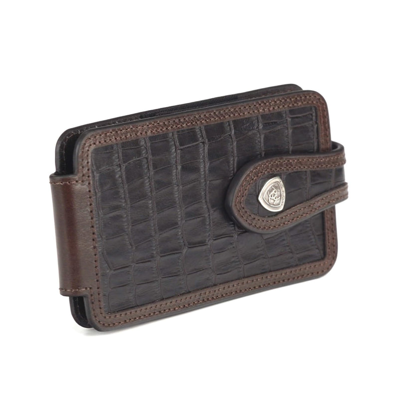 ARIAT Crocodile Print Leather Cell Phone Case, Concho, Black, Large | Leather construction, belt-clip carry, protective phone storage, western tooled detailing