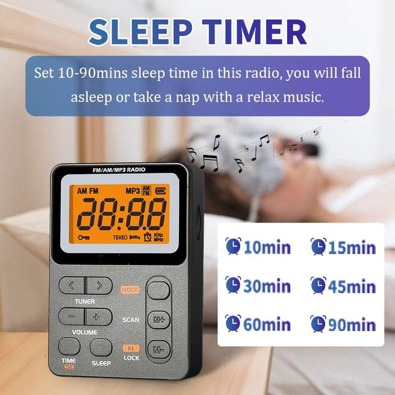 [AUSTRALIA] - Portable Radio AM FM, Rechargeable Pocket Radio with Best Reception Digital Tuning, MP3, Stereo Earphone, Large LCD Screen, TF Card Socket, Transistor Radio for Jogging/Gym/Camping (Grey) Grey 