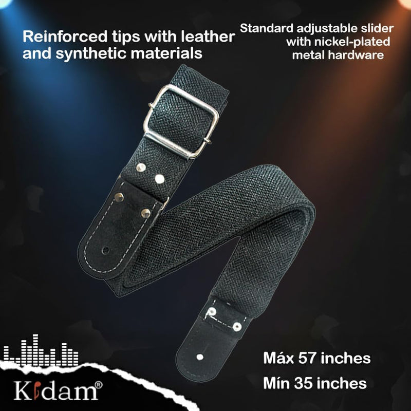 Kidam Jute Guitar Strap, Natural Fiber Adjustable Strap with Leather Ends for Acoustic, Bass & Electric Guitars Black