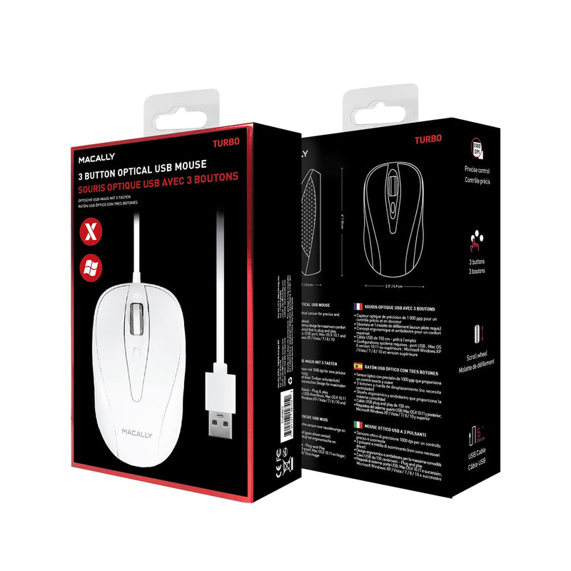 Macally USB Wired Mouse with 3 Button, Scroll Wheel, & 5 Foot Long Cord, USB Mouse for Laptop and Desktop, Computer Mouse Compatible with Apple Macbook Pro / Air, iMac, Mac Mini, & Windows PC (TURBO)