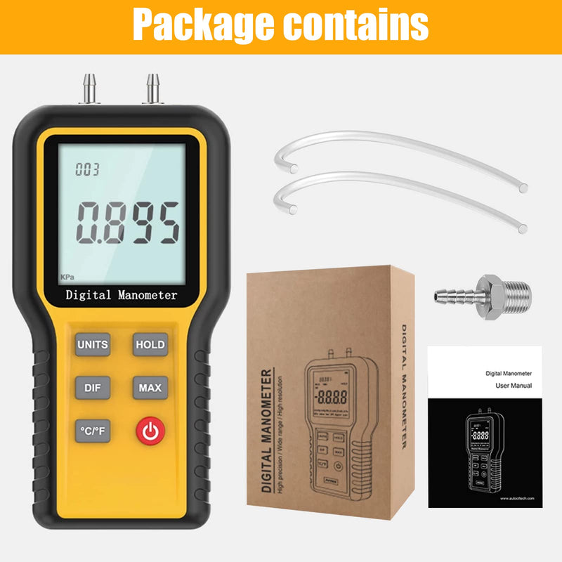 Differential Pressure Gauge Gas Pressure Gauge Dual Port Professional Pressure Gauge Air Pressure Meter 12 Selectable Units Differential Pressure Gauge with Battery & Backlight HVAC Yellow (12 units)