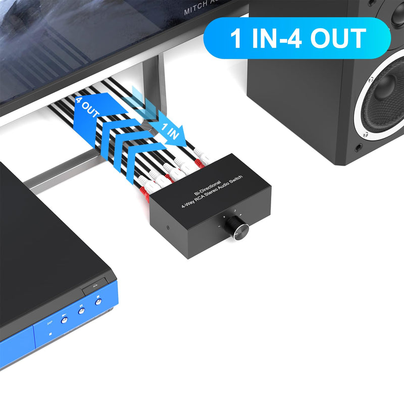 Dingsun 4-Way Stereo Audio Switcher, Bi-Directional Right and Left Channel Audio Selector Box for Blu-ray Players or DVD Players Active Speakers (4In-1Out /1In-4Out)(1In-4Out /4In-1Out) 1In-4Out /4In-1Out