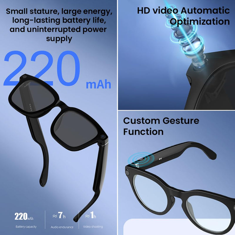 Al Smart Glasses ,1080p HD Camera with Music & Call Features, Ai Bluetooth Glasses for Remote Video Recording, Voice Control,with 32GB Storage for Travel, Sports, Outdoor Use (Anti-Blue Light Lens) Anti-Blue Light Lens