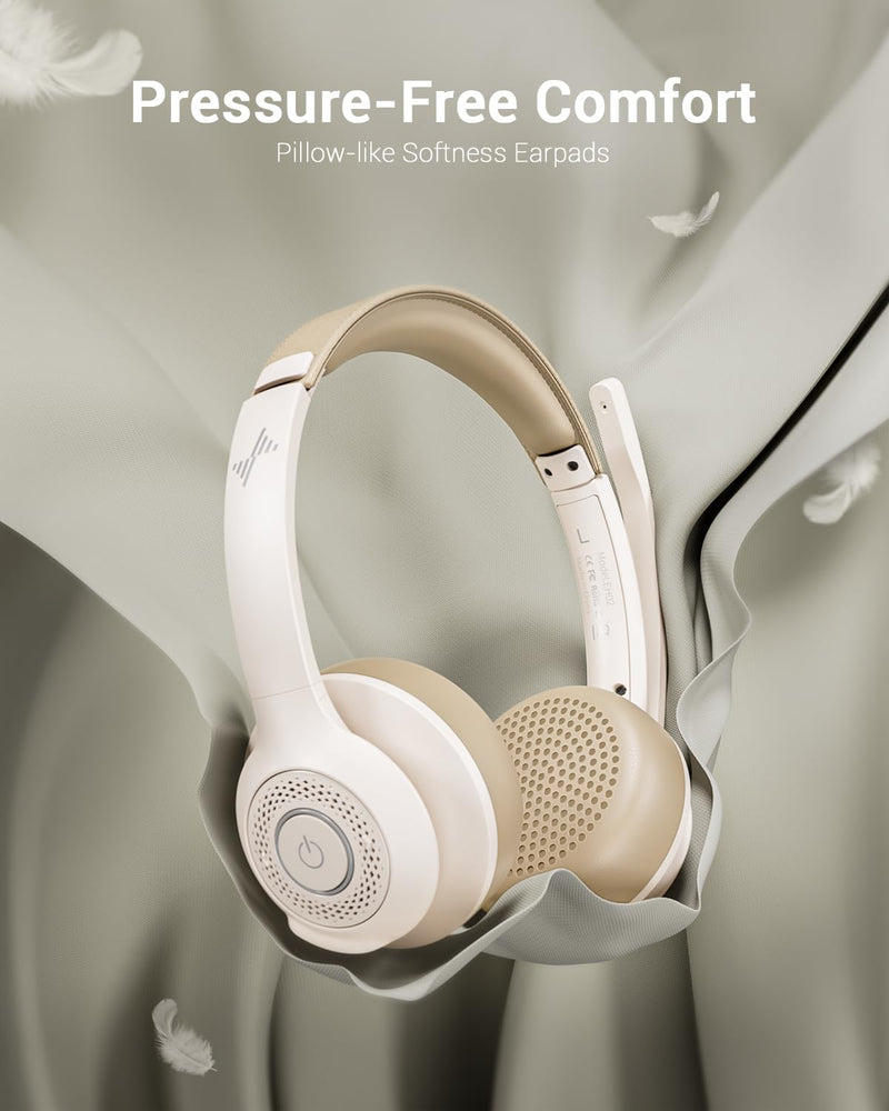 Wireless Headset with AI Noise Cancelling Microphone Bluetooth Headset - Bluetooth V5.2 Headphones with USB Dongle & Mic Mute for Computer/Laptop/PC/iPhone/Android/Cell Phones/Zoom/Ms Teams-WHITE White