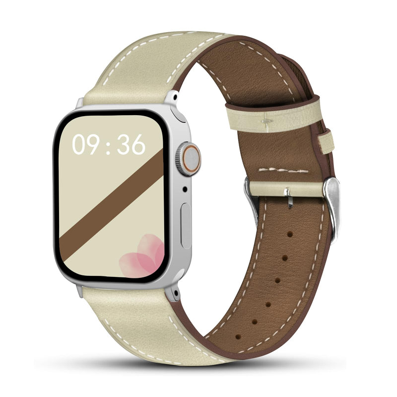 2 Pack Genuine Leather Band, Black and Beige Couple Watch Bands Compatible with Apple Watch Men Women 38mm 40mm 41mm 42mm 44mm 45mm 46mm 49mm
