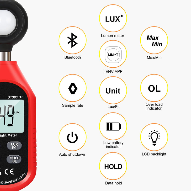 [AUSTRALIA] - UNI-T Light Meter UT383BT Lux Meter Lumens Digital Illuminance Meter 0~199900 Lux (0~18500 FC) Foot Candles Luxmeter for Film Photography Plants Photometer Lighting Intensity Brightness Measurement 