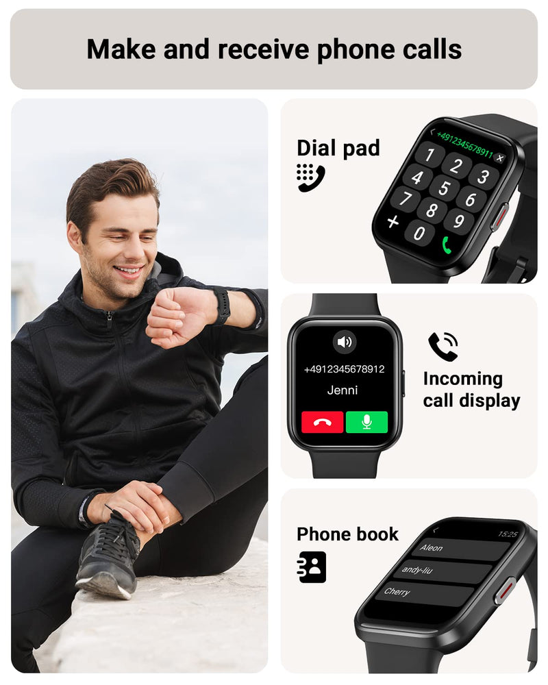 Tensky Smart Watch for Men/Women Android/iPhone/Samsung, Alexa Built-in, 1.8" Touch Screen Fitness Tracker with Answer/Make Calls, 3ATM Waterproof Heart Rate/Sleep/SpO2 Monitor, 120+ Sport Modes Black