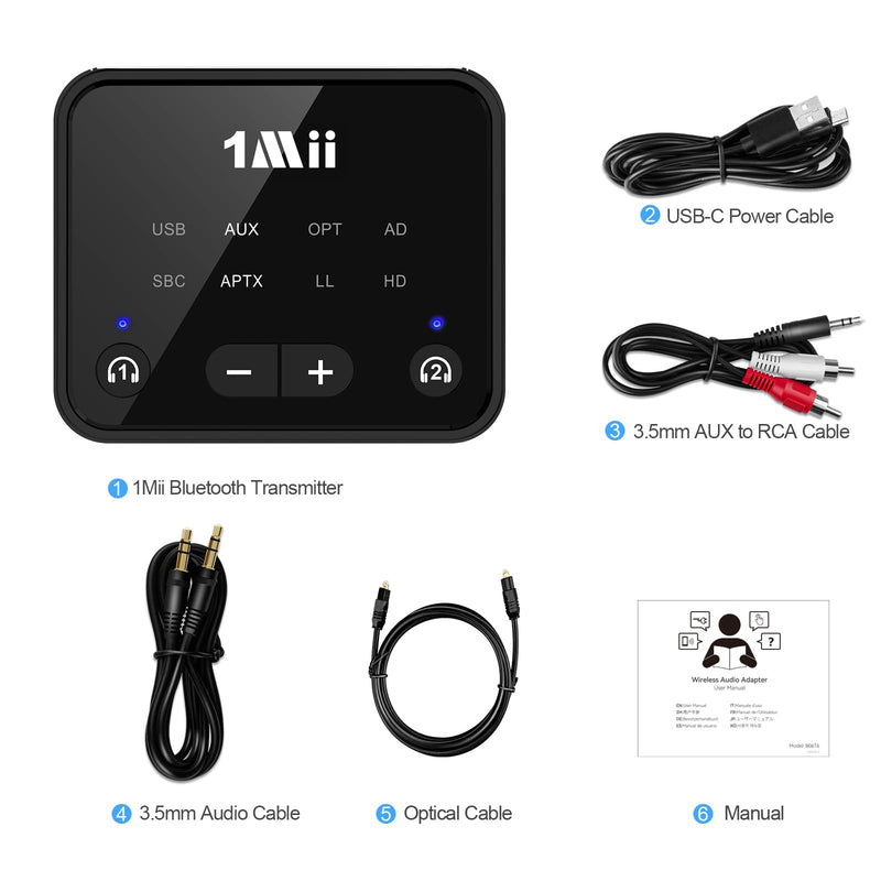 1Mii Bluetooth 5.3 Transmitter for TV to 2 Wireless Headphones, Long Range 100ft Bluetooth Adapter for TV aptX Adaptive & HD/Volume Control, Optical/USB/AUX/RCA Audio Inputs