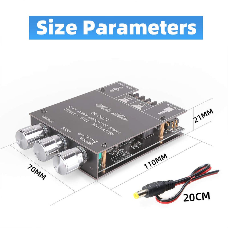 ZK-502T Bluetooth Amplifier Board with Treble and Bass Control, TPA3116D2 50W x 2, DC:9-24V, Bluetooth 5.0 AMP Board for Home Passive Speakers