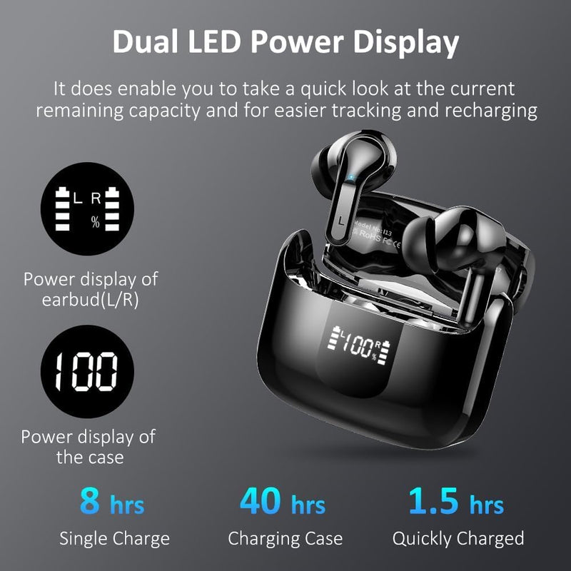 Wireless Earbuds, 2026 Bluetooth 5.4 Headphones NEW Ear Buds 40H Bass Stereo in-Ear Earphones ENC Noise Cancelling Earbuds with 4 HD Mic, USB-C LED Display IP7 Waterproof Sport Headset for Android iOS Dark Black