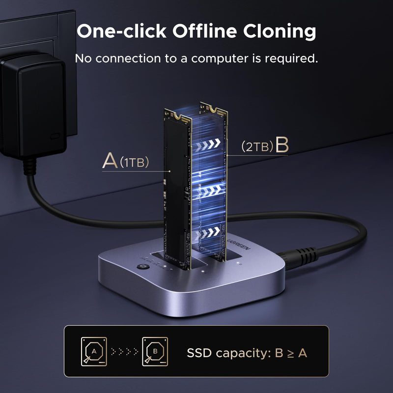 UGREEN 20Gbps Cloner, M.2 Duplicator Dual Bay NVMe Enclosure | Tool-Free USB3.2 Gen 2X2 to USB Adapter M.2 Docking Station for M Key PCIE NVMe SSD Reader Supports Offline Clone Up to 16TB