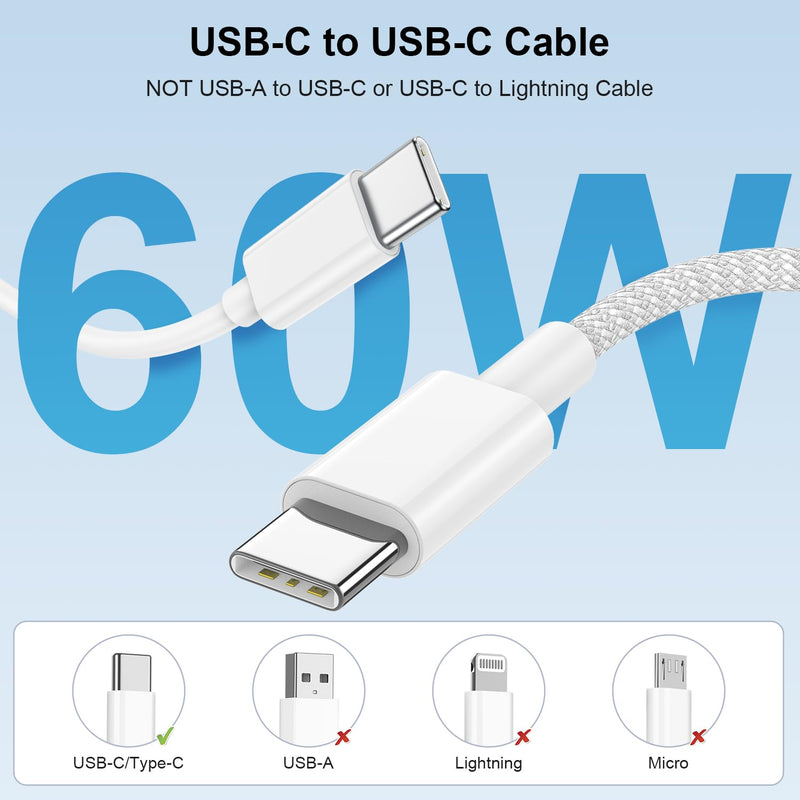 for iPhone 15 Charger Fast Charging, 2Pack 6FT USB C to USB C Nylon Braided Cable with 20W Type C Rapid Charging Block for iPhone 15 Plus/15 Pro Max, iPad Pro 12.9/11 inch/4/3th/Air/Mini White 2Pack 6Feet