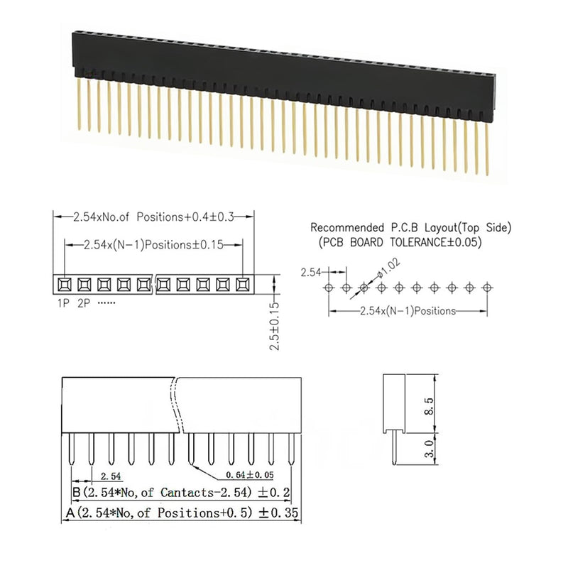 Pack of 10 1 x 40 pin PCB female connector, 2.54 mm single row socket plug, single row needle length 11 mm, plastic length 8.5 mm, 40-pin plug, suitable for DIY enthusiasts