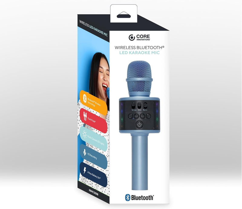 Core Innovations Wireless Bluetooth Karaoke Microphone with Built-in Speakers + HD Recording, Portable Handheld Mic | Blue
