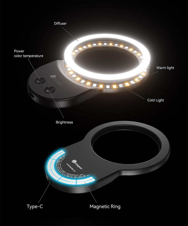 Phone Light, Selfie Light Magnetic, Video Light Compatible with iPhone Android, Tablet, Camera, Laptop Camera Photography, 3 Adjustable Light Modes, Beauty Selfie Ring Light - Black
