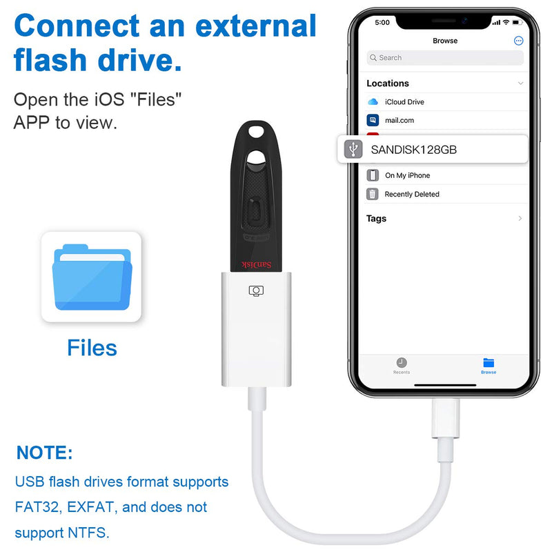 Lightning to USB Camera Adapter Lightning Female USB OTG Cable Adapter for Select iPhone,iPad Models Support Connect Camera, Card Reader, USB Flash Drive, MIDI Keyboard, White (White)