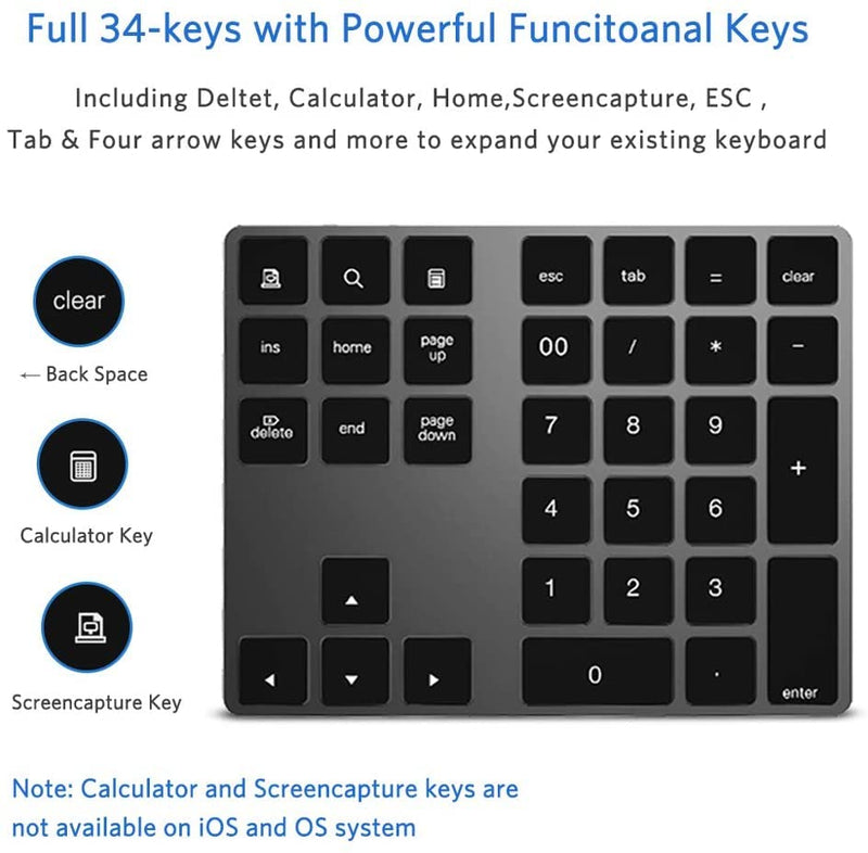 JOYEKY Bluetooth Number Pad, Wireless Numeric Keypad | Number Pad for Laptop,USB-C Rechargeable,34-Keys Bluetooth Numeric Keypad L325