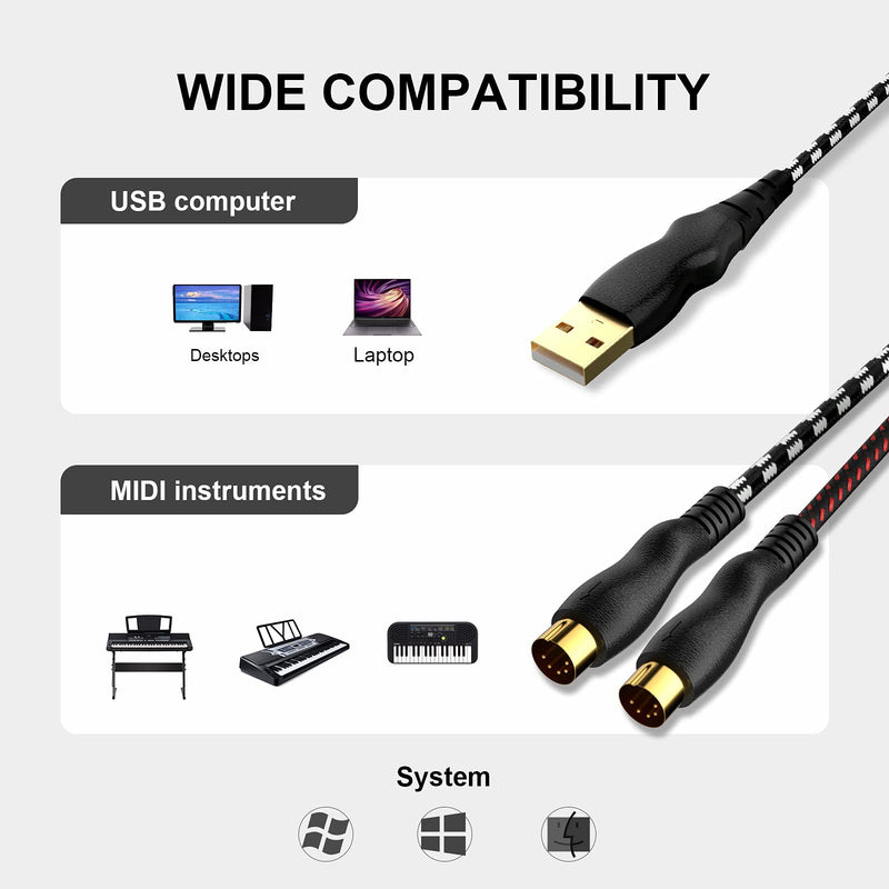 USB to MIDI Cable 6.5Ft, MIDI Interface Adapter,MIDI to USB Cable Converter for Music Keyboard Piano to PC Mac Laptop Windows Android