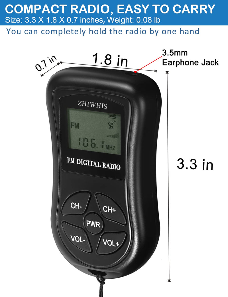 ZHIWHIS Mini Portable FM Radio, Stereo LCD Digital Display Tuning Pocket Walkmen Transistor Conference Receiver with Earphone, Small Pocket Radio Operated by AAA Batteries for Walking/Running Batteries not included